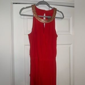 Vince Camuto beaded neck red pants jumpsuit with pockets and tie waist, size M